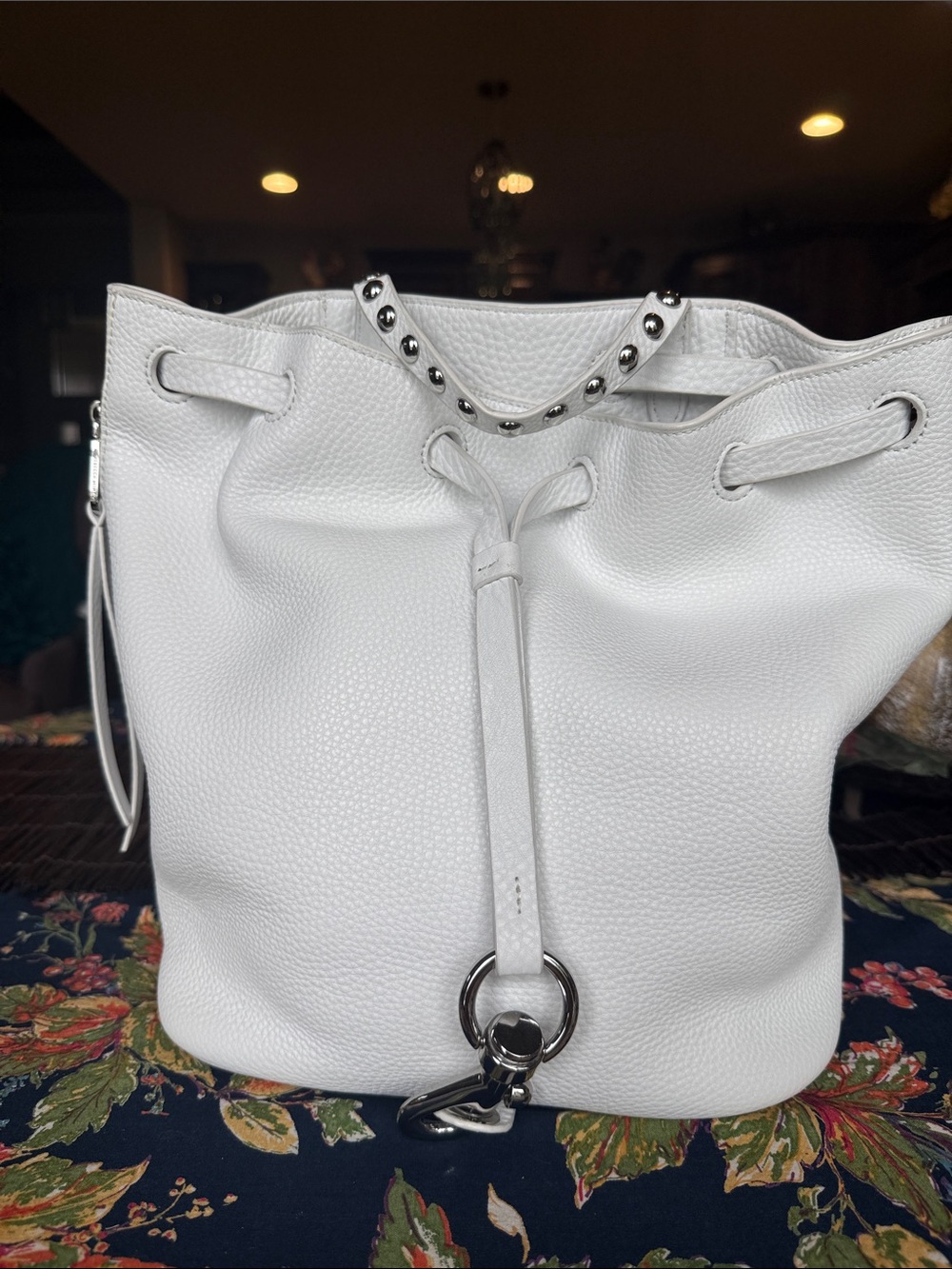 White Pebbled Leather Drawstring Bucket Backpack